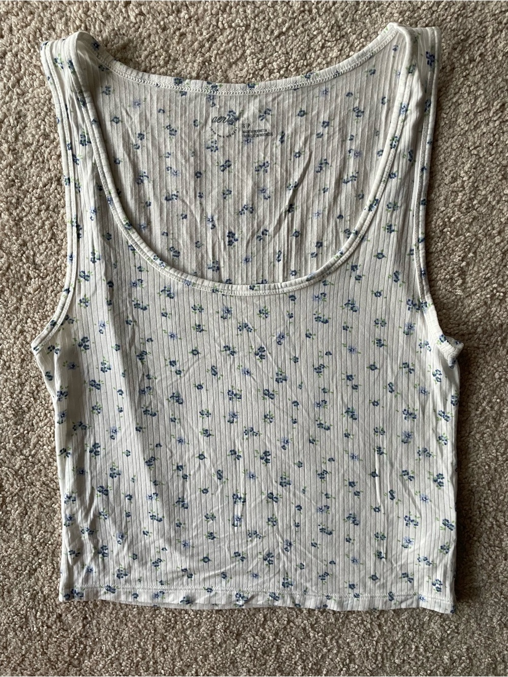 Aerie Women's Floral Ribbed Tank Top White Blue Size Small Soft Cozy Crop